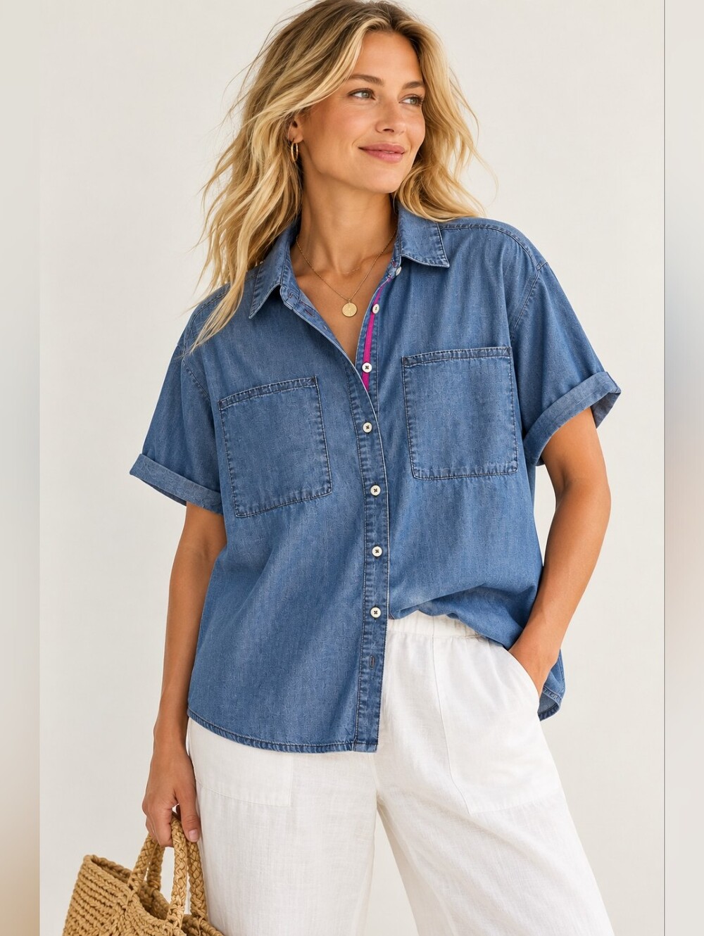 SUNDANCE CHAMBRAY DENIM SHORT SLEEVE BUTTON DOWN SHIRT TOP SIZE M